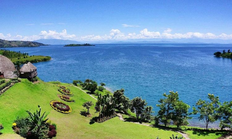 Lake and landscaped green shoreline in Rwanda