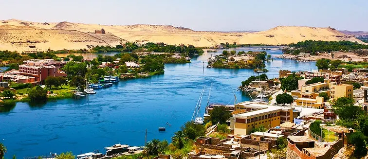 Nile River winding between green banks and desert hills